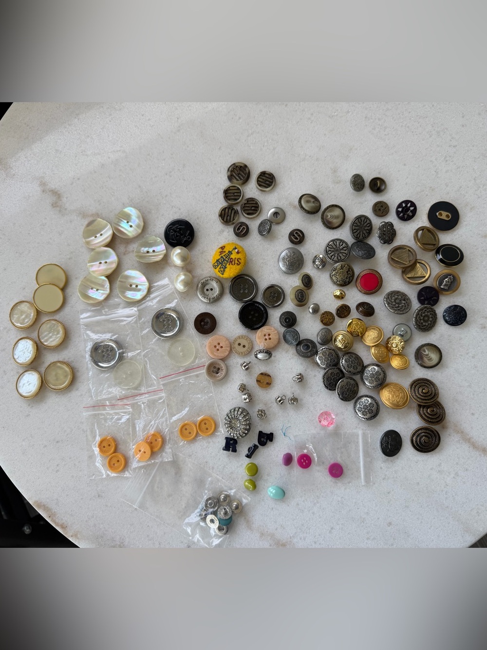 Vintage and Modern Button Assortment - Pearlescent, Gold, Silver, Black, Branded